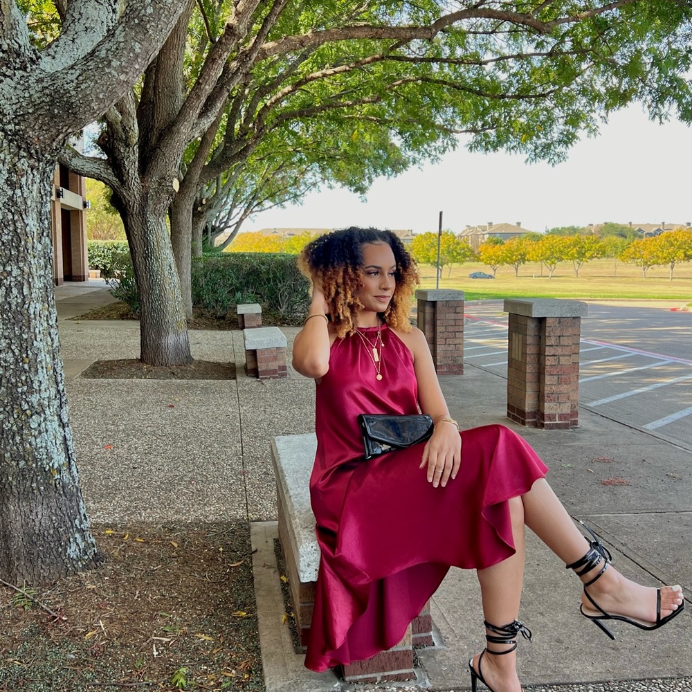 Burgundy Satin Dress | Elegant Wedding Guest Look